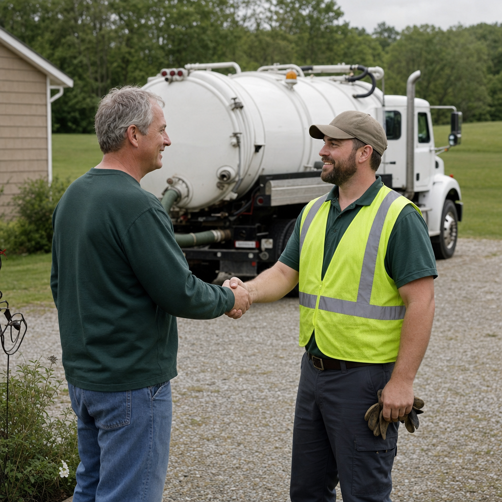 A septic technician shaking a Chula Vista homeowner's hand beside the service truck after a completed pump-out