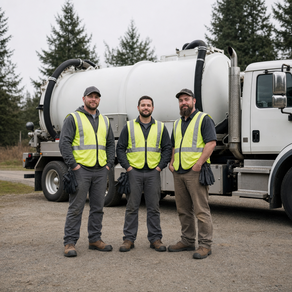 The Chula Vista septic pumping crew standing together beside their clean white vacuum truck on a residential street