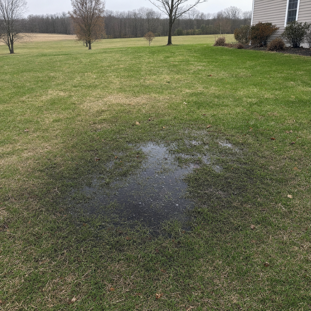 A dark, saturated wet spot in a Chula Vista backyard lawn marking a failing cesspool at capacity