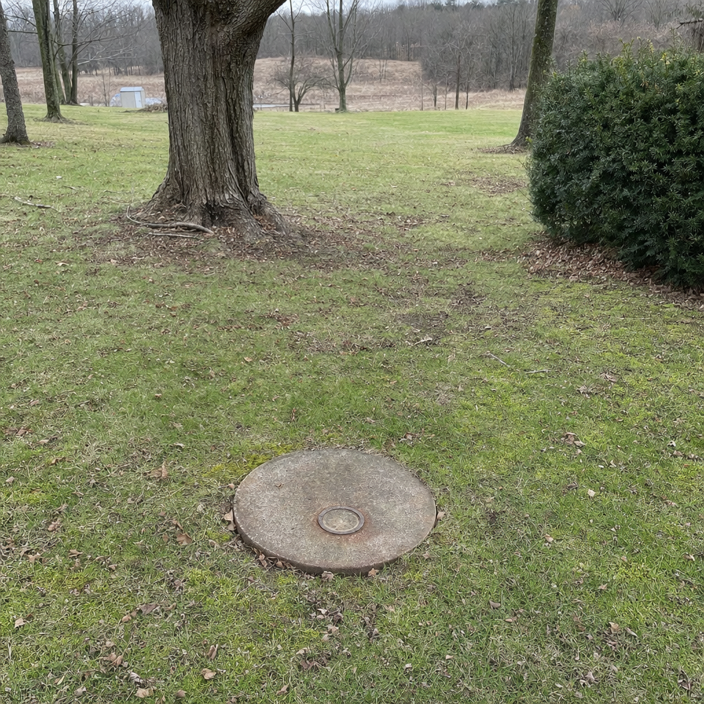 An older round cesspool access lid set flush in an established, mature Chula Vista backyard lawn