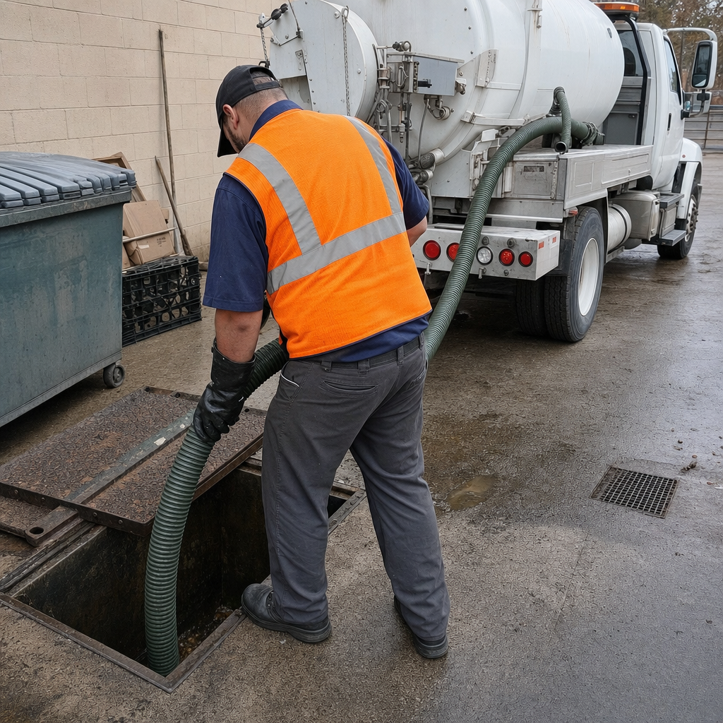 Technician pumping a grease trap behind a Chula Vista restaurant