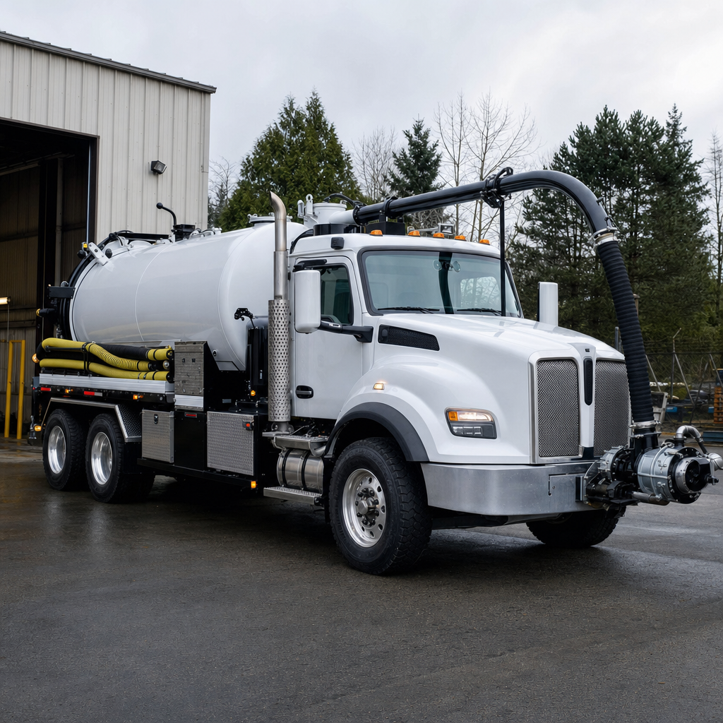 A clean white septic vacuum truck rolling out of a tidy Chula Vista service depot at the start of the day