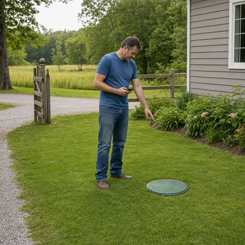 A Chula Vista-area homeowner standing in the backyard noting where the septic tank lid and access route are located