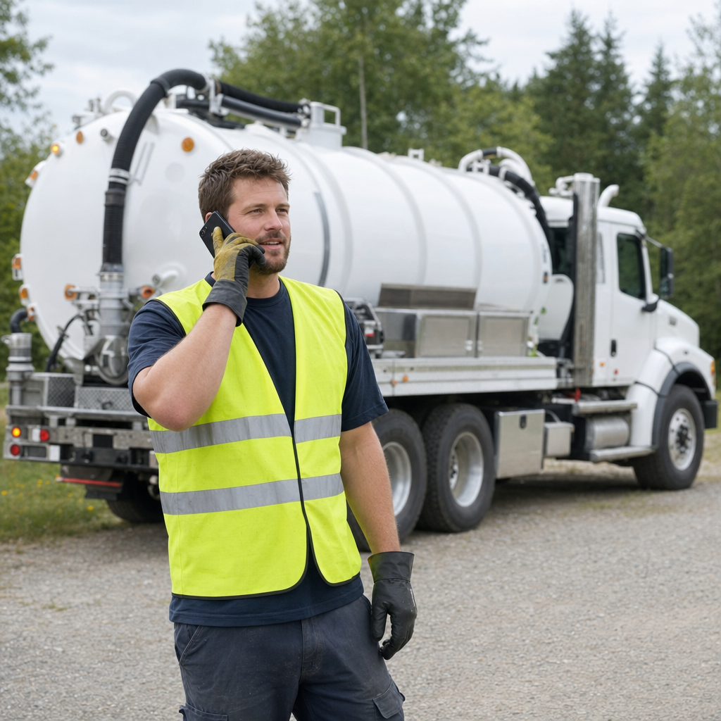 A friendly septic dispatcher holding a phone, ready to answer a Chula Vista homeowner's call about a pump-out