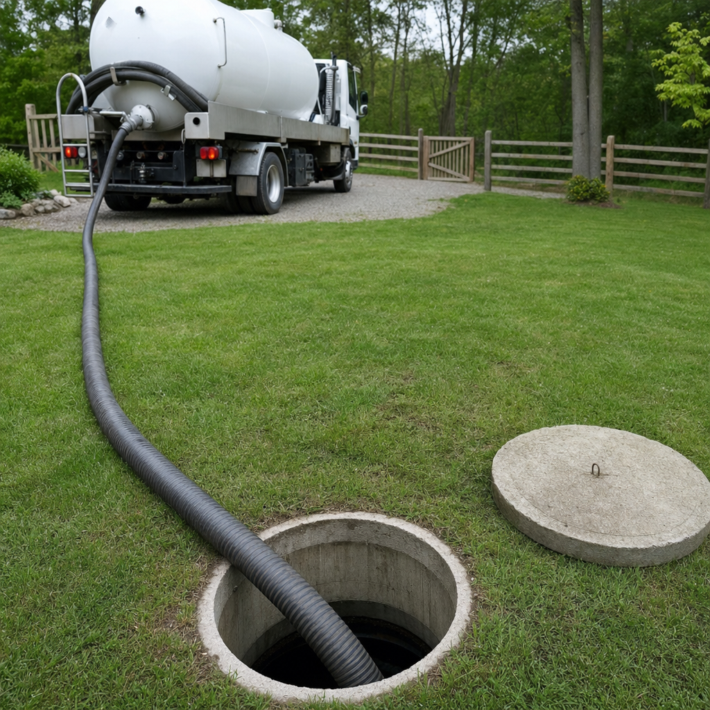 Suction hose connected to an open septic tank, drawing it down in a tidy Chula Vista yard