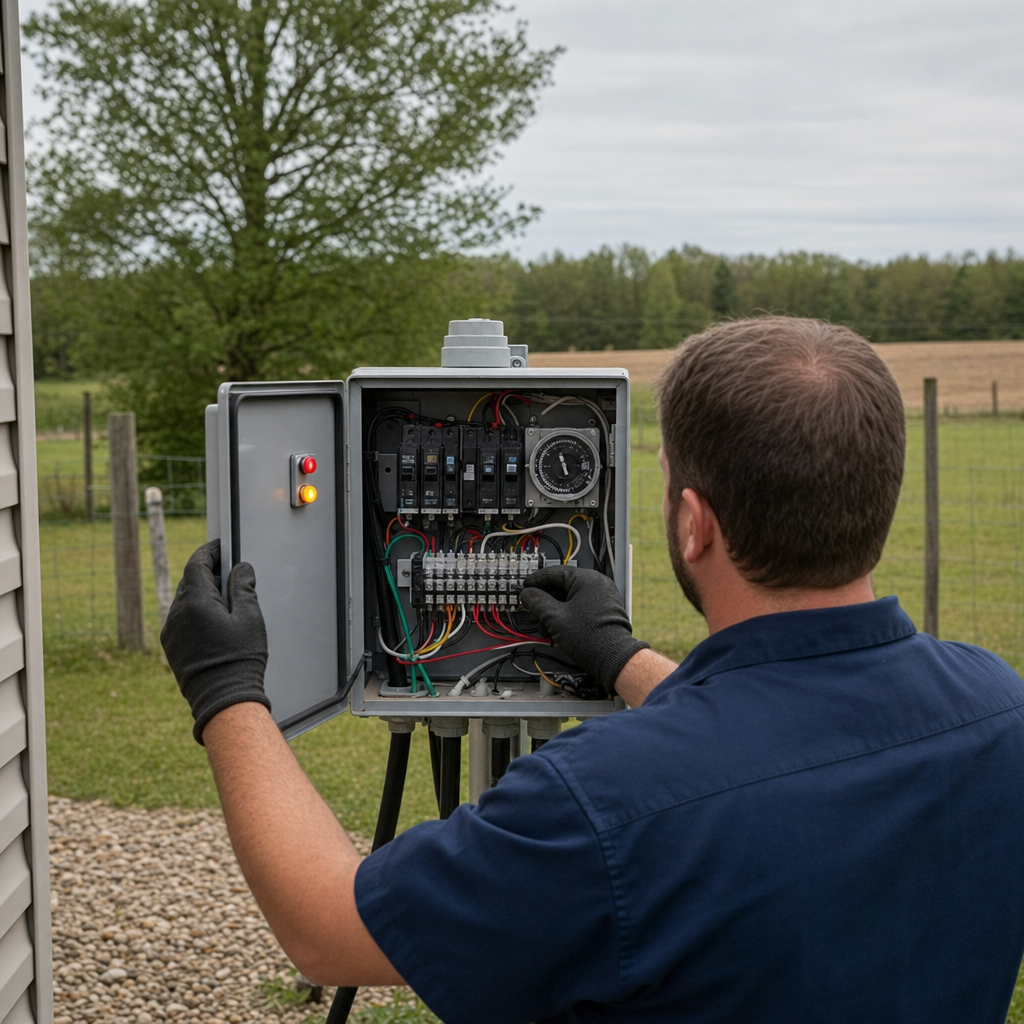 Technician checking an aerobic septic control box with a lit red high-water alarm during a same-day Chula Vista visit