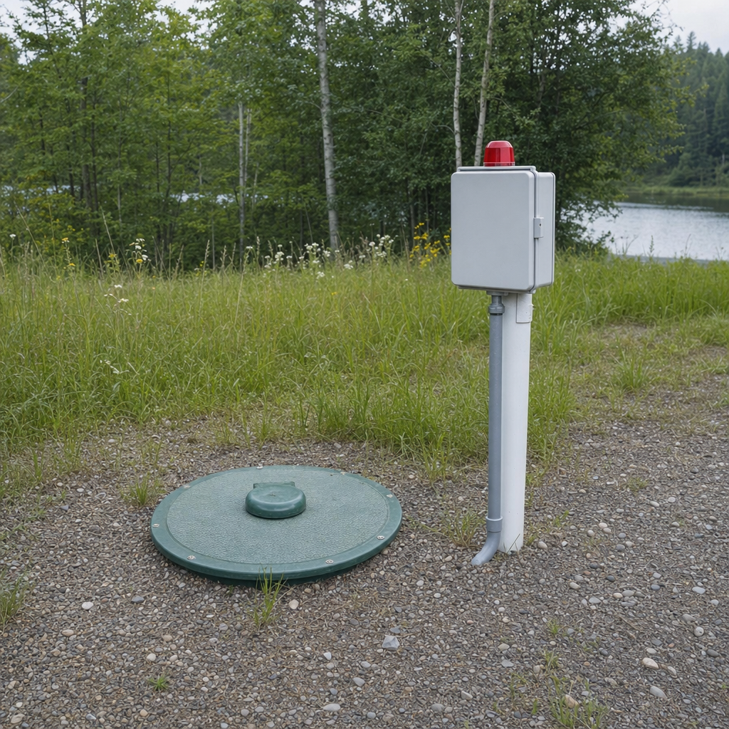 A wastewater holding tank access lid set in the ground at a rural Chula Vista-area cabin, with a mounted high-level float alarm panel nearby