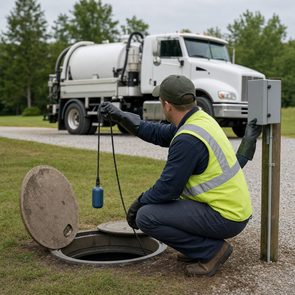 A septic technician in a high-visibility vest checking a high-level float switch and alarm panel on a holding tank at a rural Chula Vista-area site