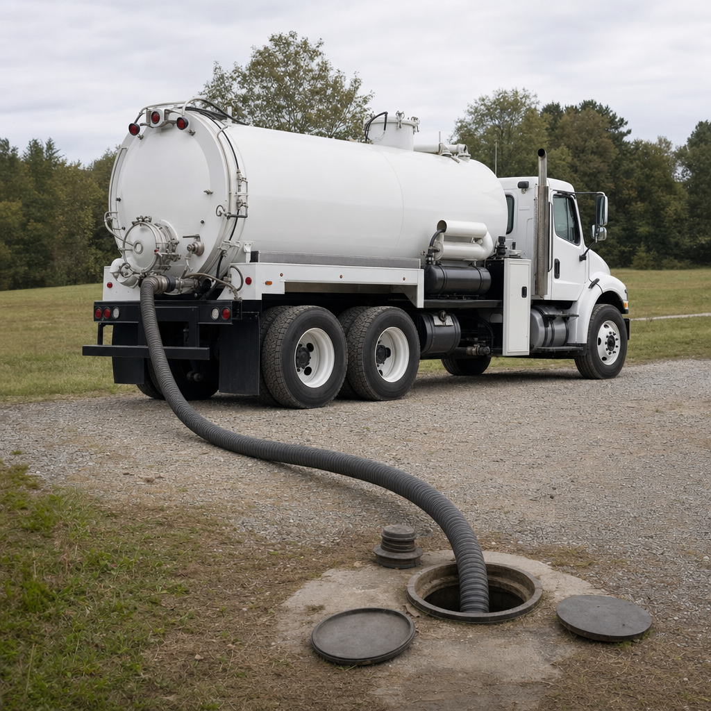 An unmarked white vacuum truck emptying a wastewater holding tank on a scheduled visit at a rural Chula Vista-area property, thick suction hose running to the tank lid