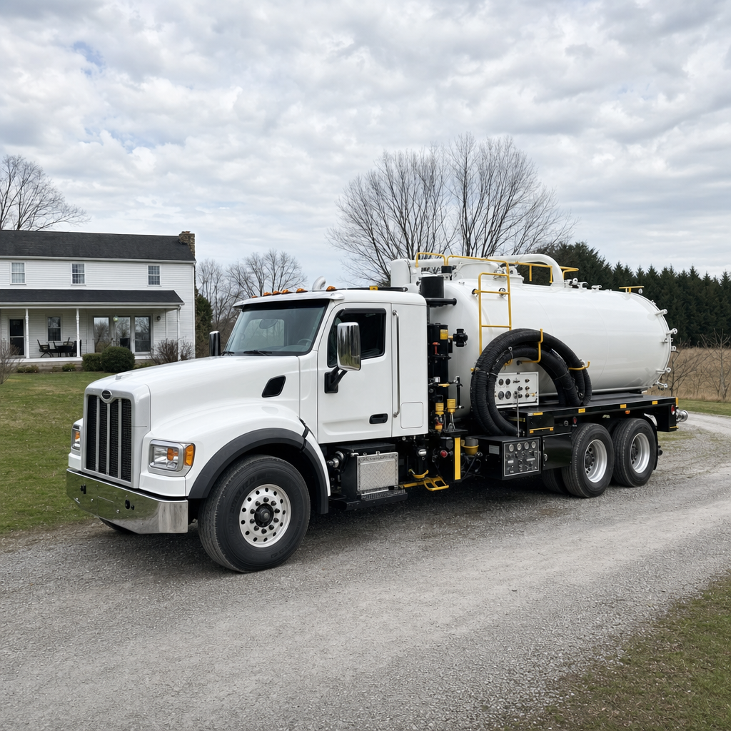A clean white septic vacuum truck parked on a tidy Chula Vista driveway with the suction hose neatly coiled