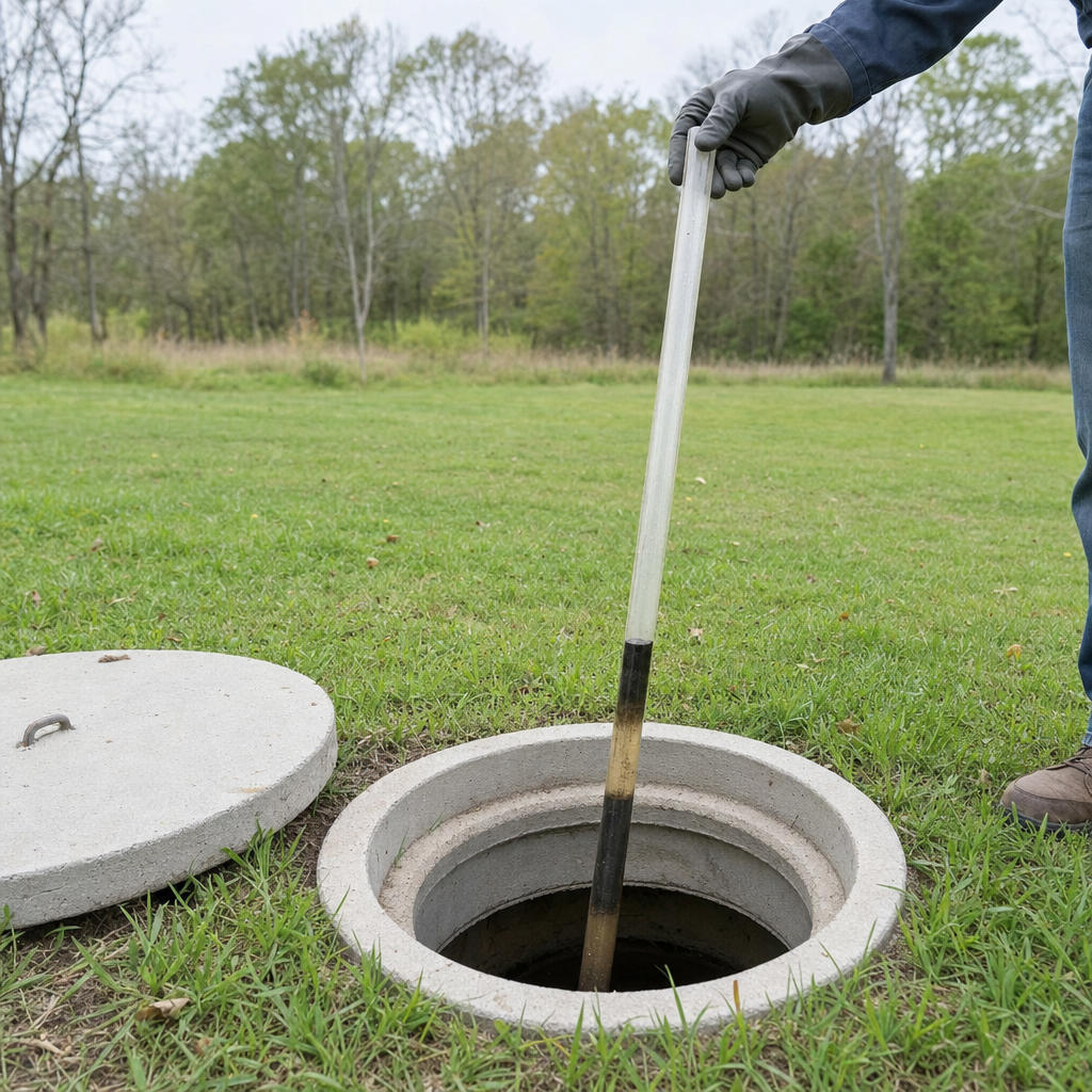 A septic sludge-judge measuring stick lowered into an open Chula Vista septic tank to read the depth of the sludge and scum layers before deciding whether a pump-out is due