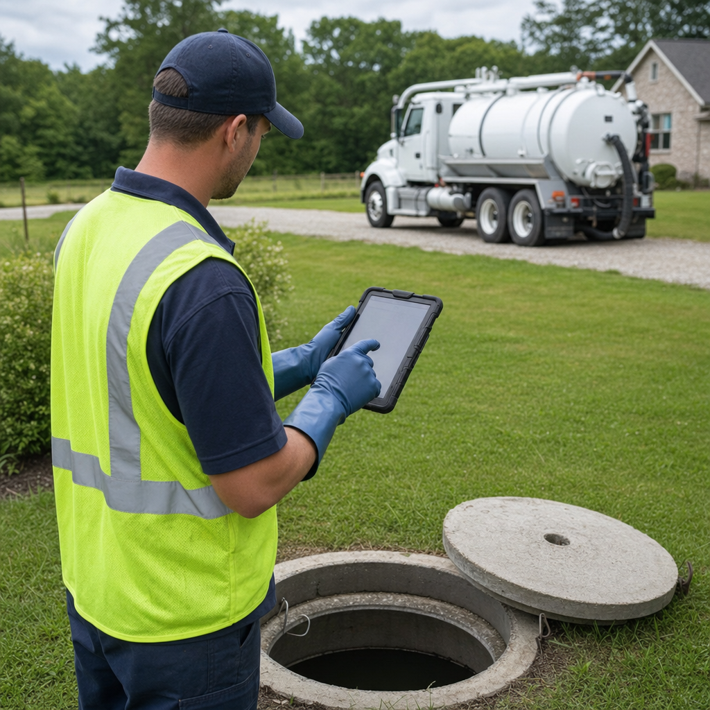 A septic technician recording a Chula Vista home's pump-out date and tank condition on a tablet beside an open access lid, tracking the service history that sets the next due date