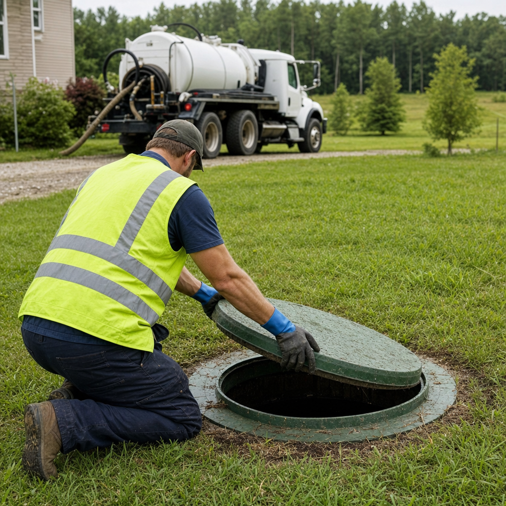 Septic technician kneeling on a Chula Vista lawn, lifting the access lid on a residential septic tank