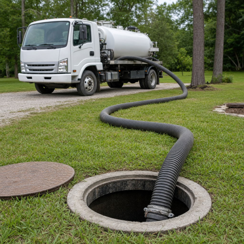 Thick ribbed suction hose lowered into a clean open septic tank port on a tidy Chula Vista backyard lawn