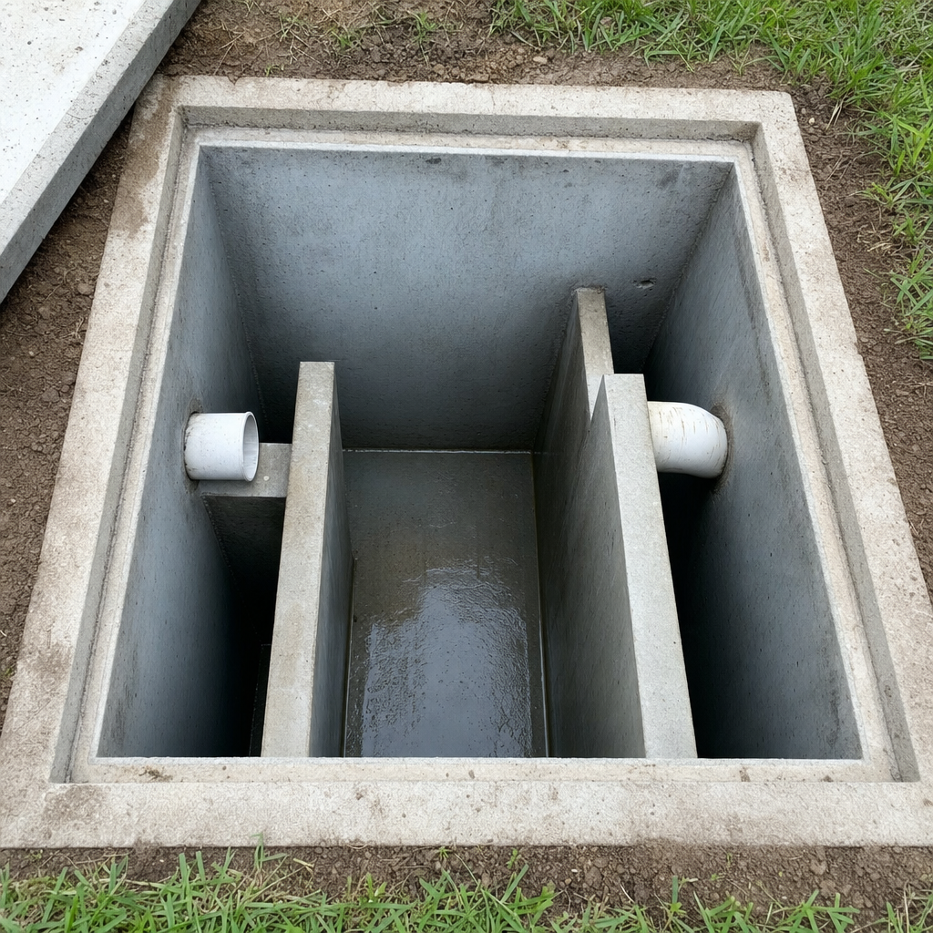 Inspection of the concrete baffles inside an open, emptied and freshly cleaned Chula Vista septic tank