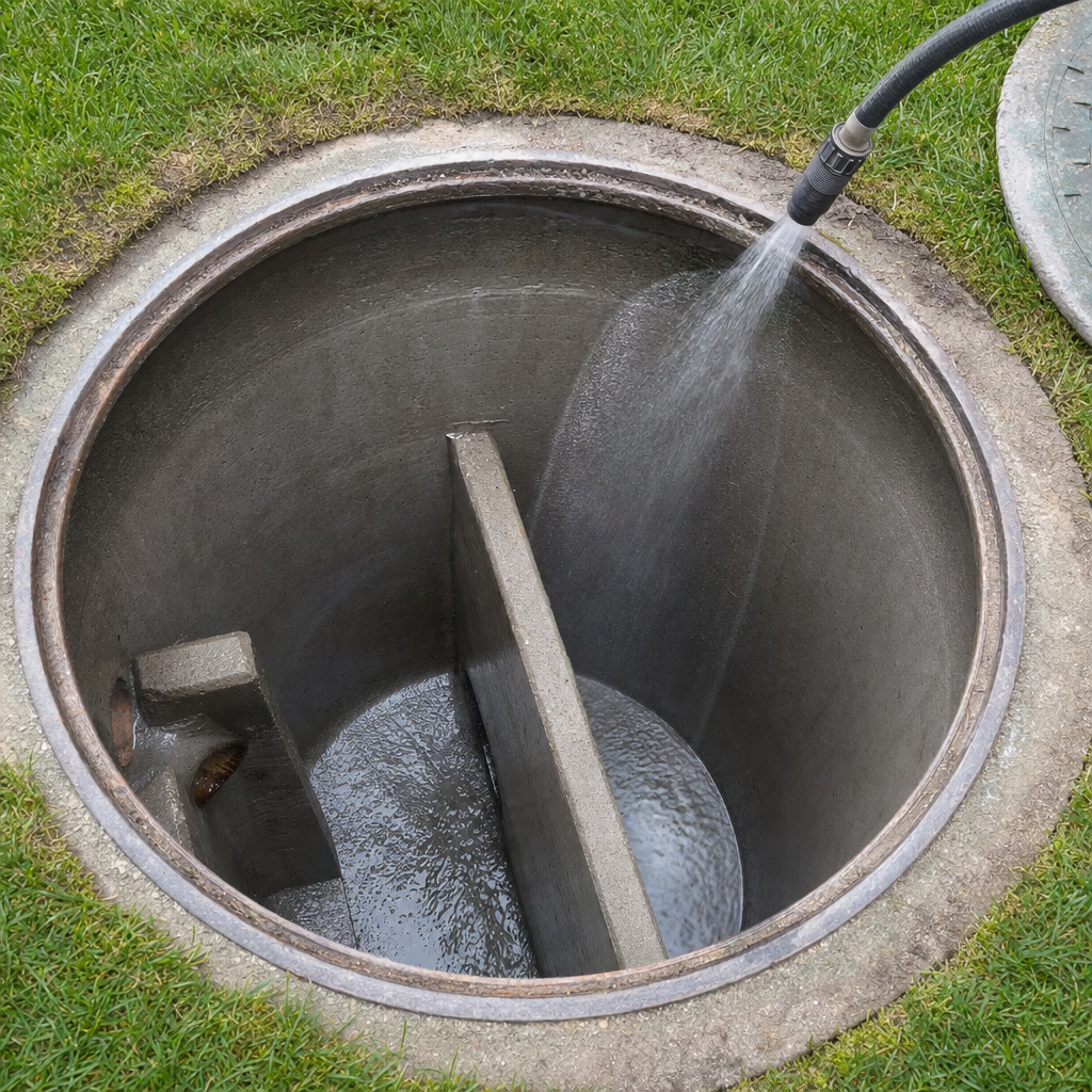 Interior concrete walls of an emptied Chula Vista septic tank being rinsed clean with the truck's onboard water hose
