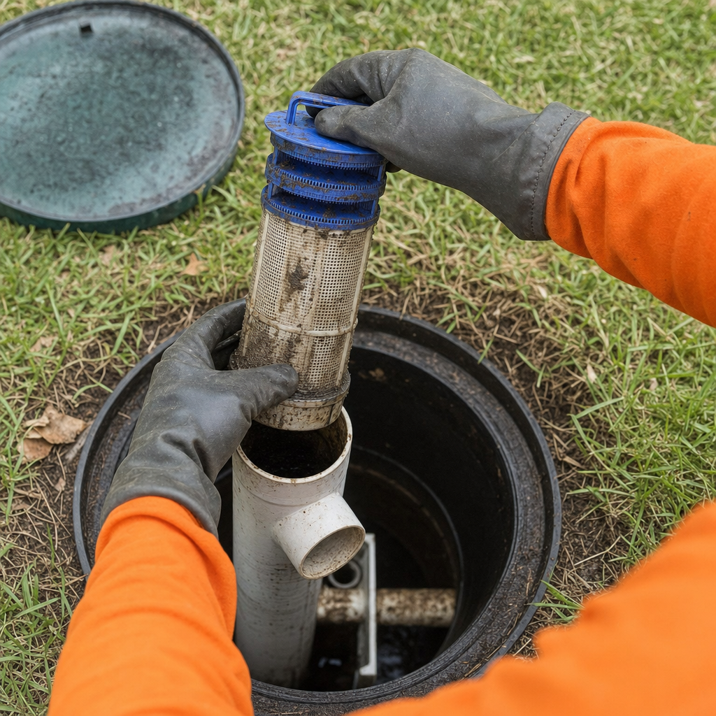 Septic technician's gloved hands lifting the effluent filter cartridge out of the outlet housing on a Chula Vista septic tank