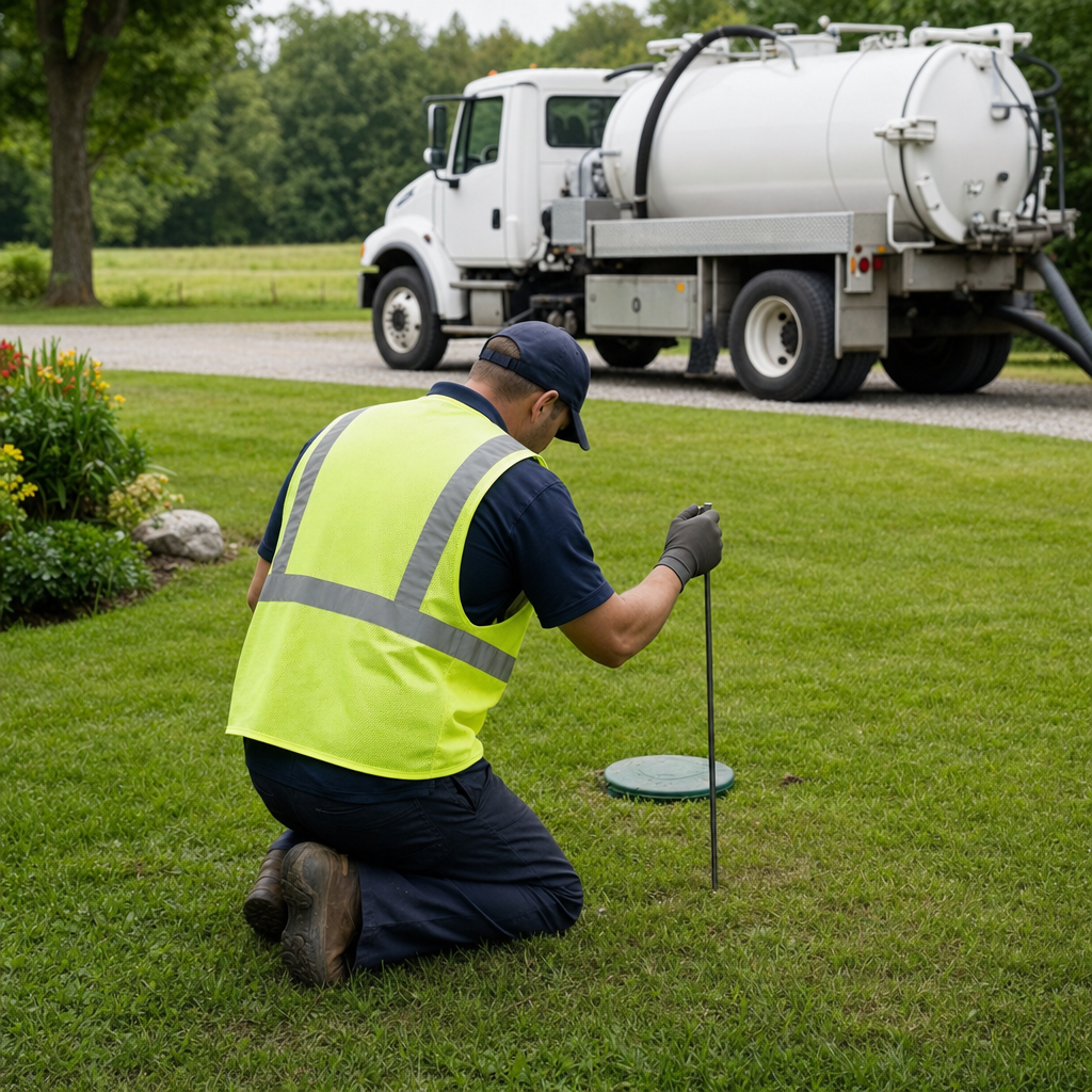 Septic technician kneeling on a Chula Vista lawn, probing to locate and measure the depth of a buried septic tank lid before pumping