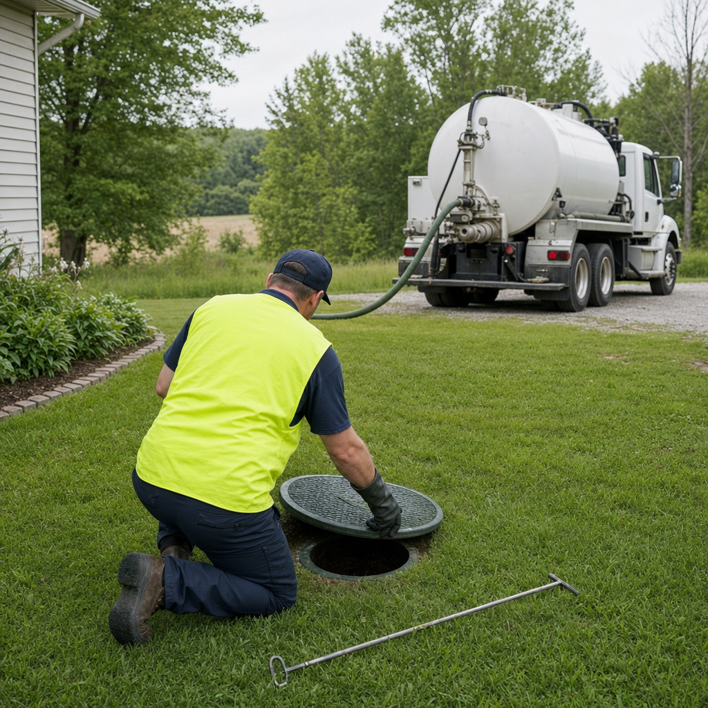 Septic technician kneeling on a Chula Vista lawn, lifting the buried access lid on a residential septic tank