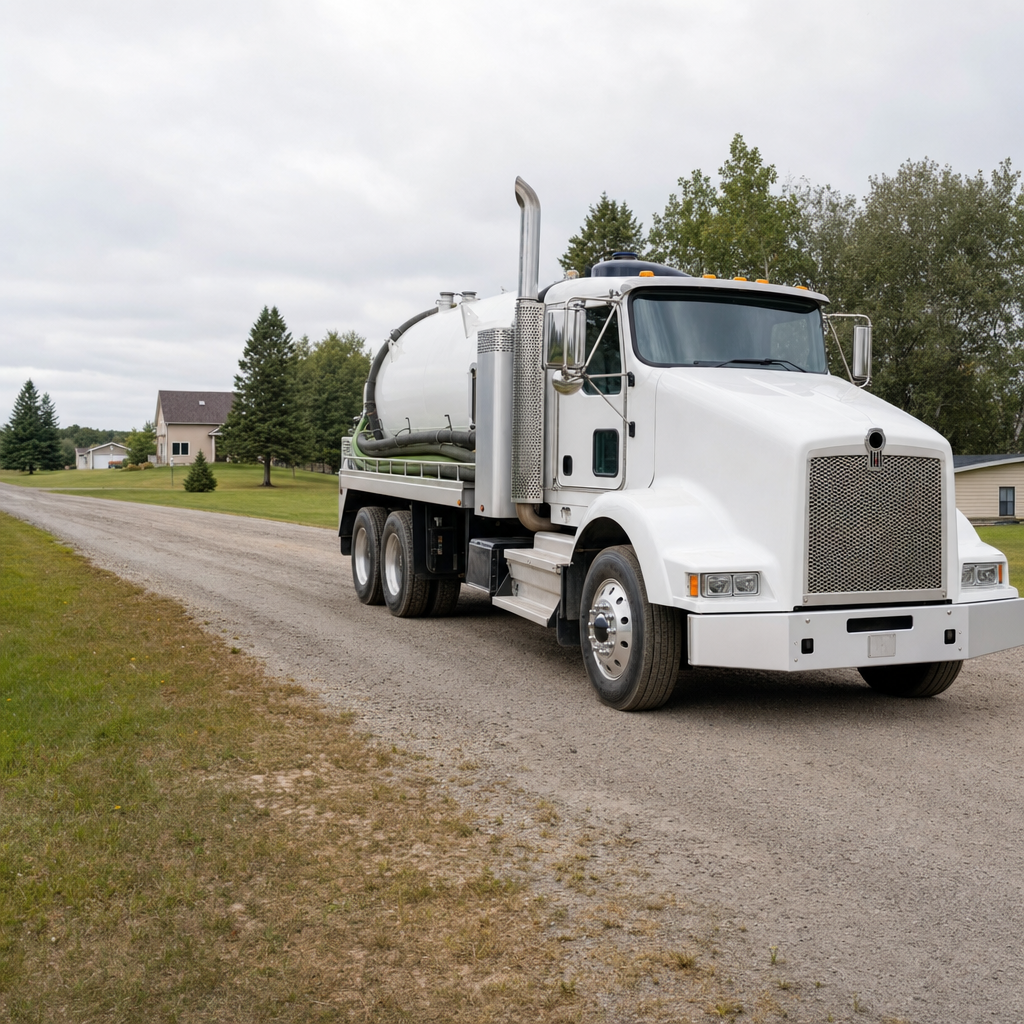 A clean white septic vacuum truck parked along a quiet residential street, staged for a scheduled tank pump-out