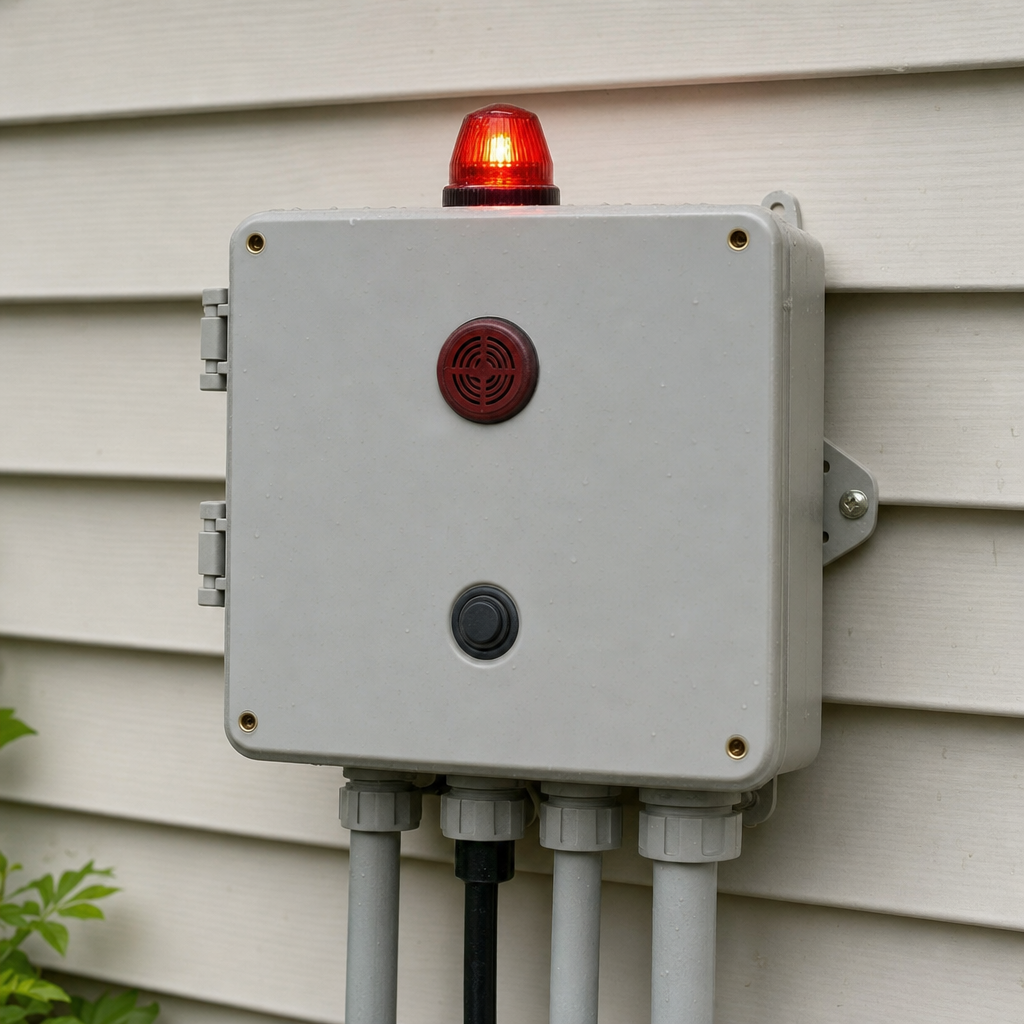 An aerobic septic system control panel mounted outside a Chula Vista home with its red high-water alarm light lit