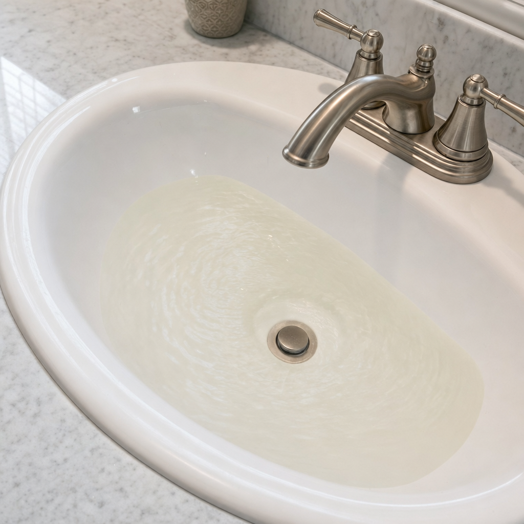 A bathroom sink draining slowly with water pooled in the basin, an early warning sign that a Chula Vista septic tank is full
